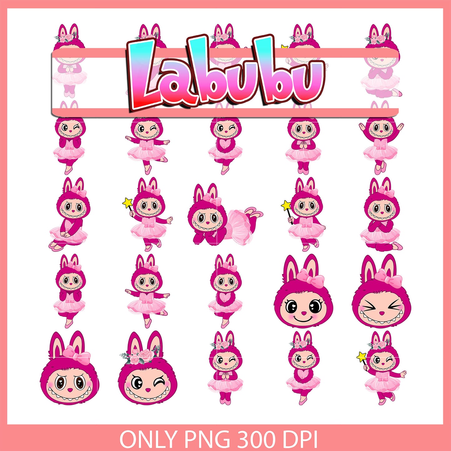 Labubu pink ballet design bundle png, labubu monsters png