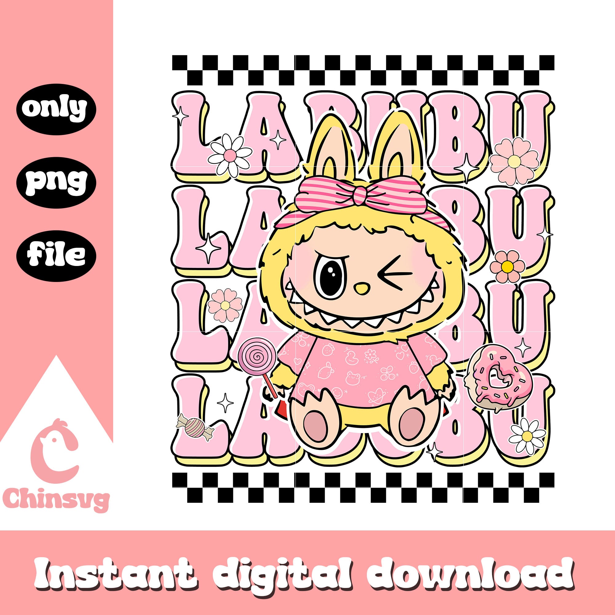 Labubu pink bow candy ver doll design png, labubu decor png – Chinsvg