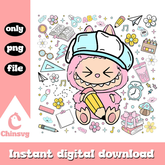 Labubu playful student back to school design png, school png