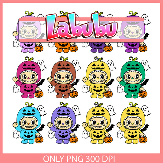 Labubu pumpkin colorful outfits design bundle png, labubu png