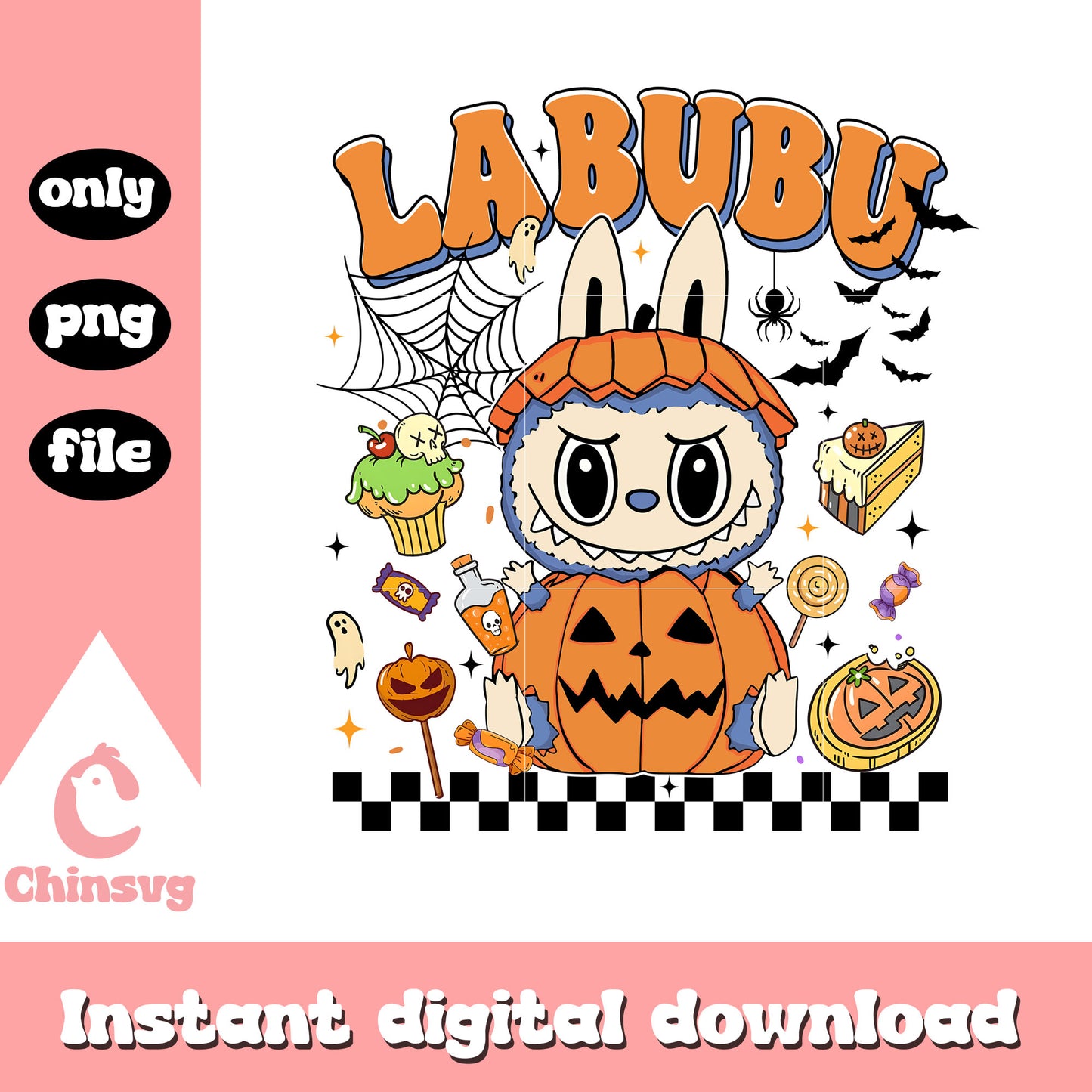 Labubu pumpkin halloween design png, labubu pumpkin png