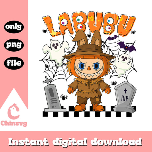 Labubu pumpkin scarecrow ver halloween design png, labubu clipart png