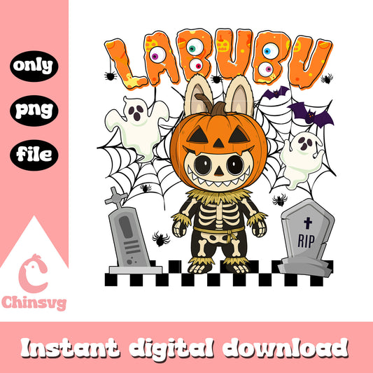 Labubu pumpkin skeleton ver halloween design png, monster png