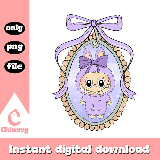 Labubu purple bow mirror design png, labubu cartoon png