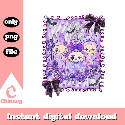 Labubu purple coquette bow halloween ribbon png, halloween labubu png