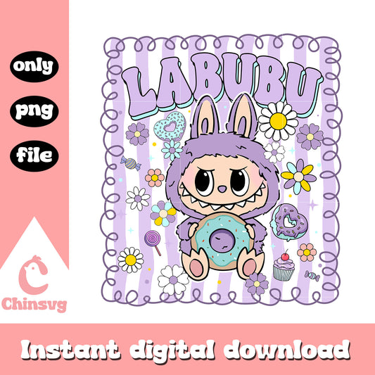 Labubu purple doll holding donut frame design png, labubu art png