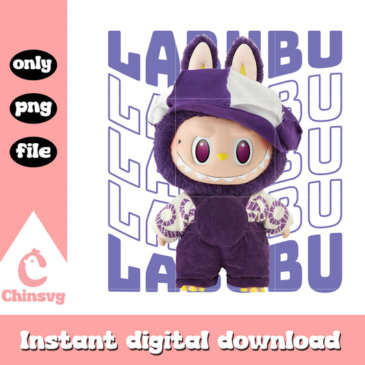 Labubu purple overalls with split hat design png, labubu art png