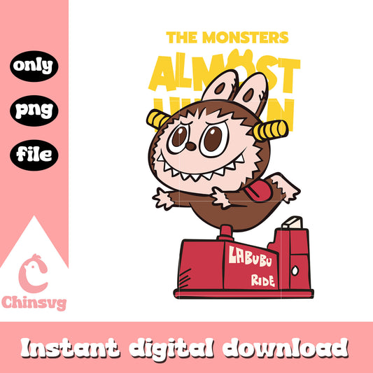Labubu ride cute doll design png, the monster labubu png