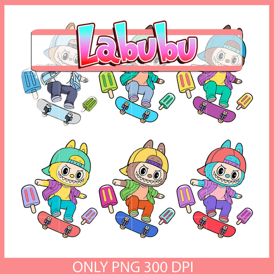 Labubu skateboarding clipart bundle png, baby labubu png