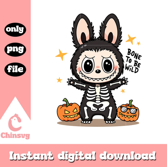Labubu skeleton bone to be wild design png, skeleton halloween png