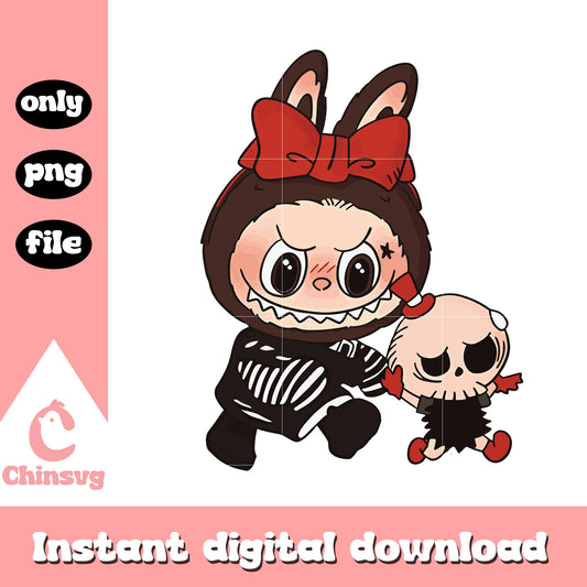 Labubu skeleton suit with red bow and tycoco design png, labubu png