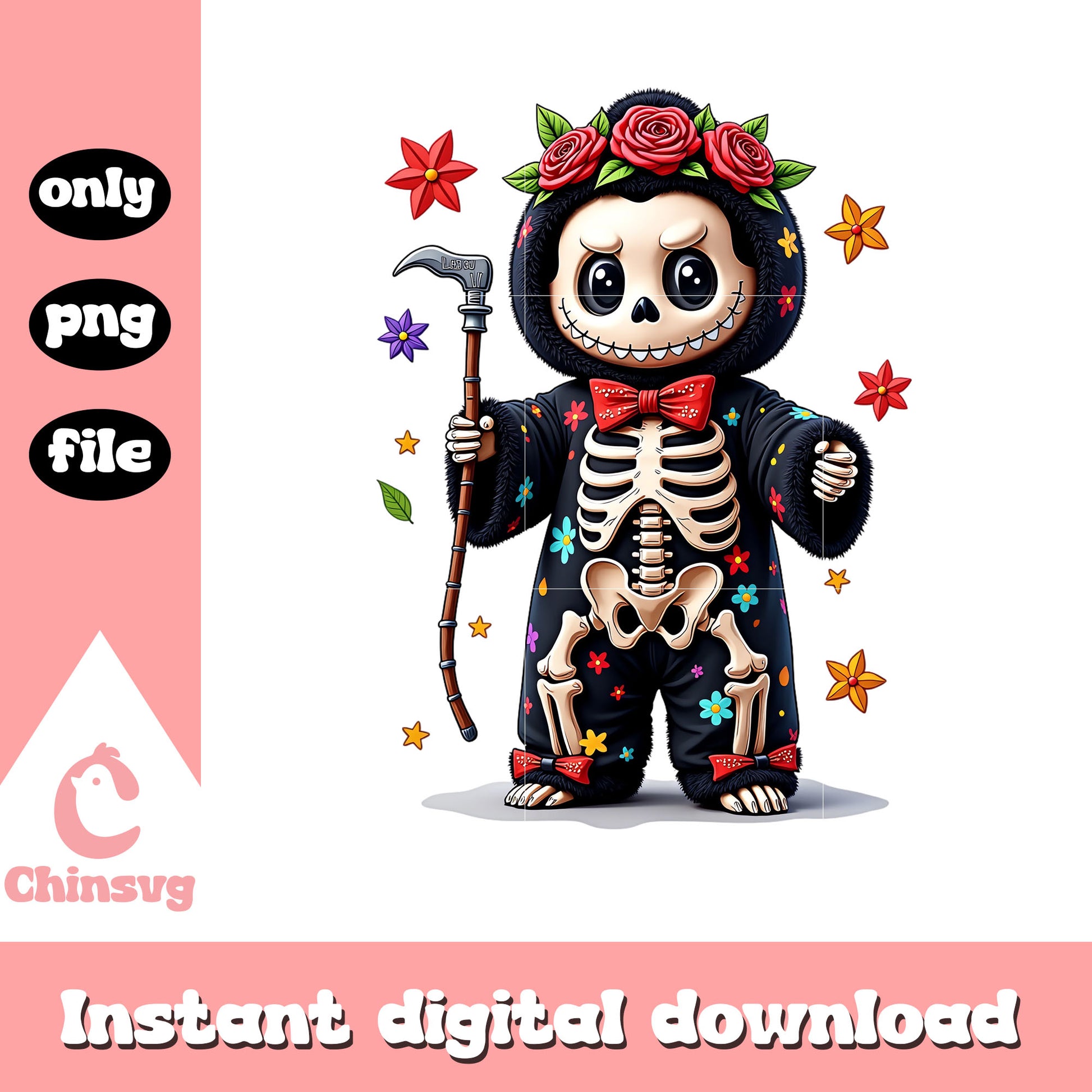 Labubu skeleton the death doll art png, skeleton halloween png