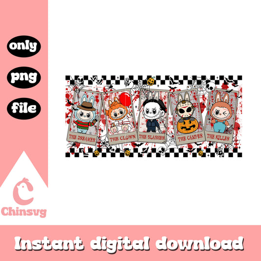 Labubu spooky characters card design png, the killers png
