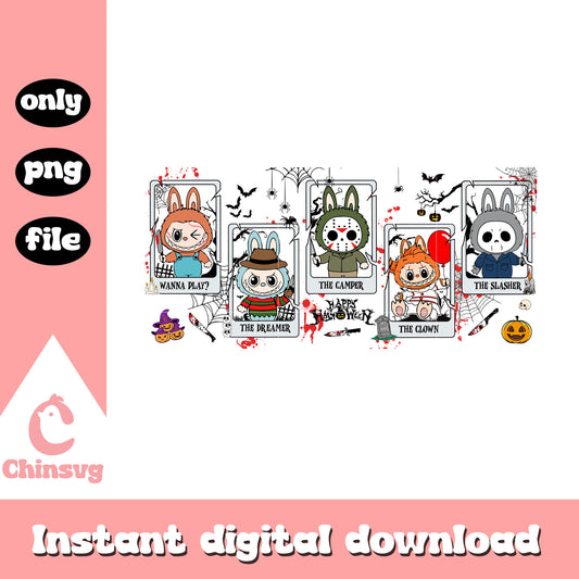 Labubu spooky characters cards halloween png, labubu doll png
