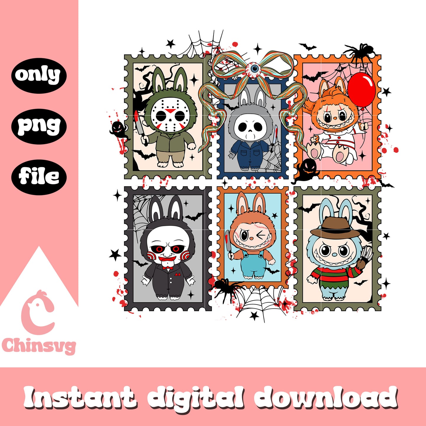 Labubu spooky killers coquette stamp design png, spooky movies png