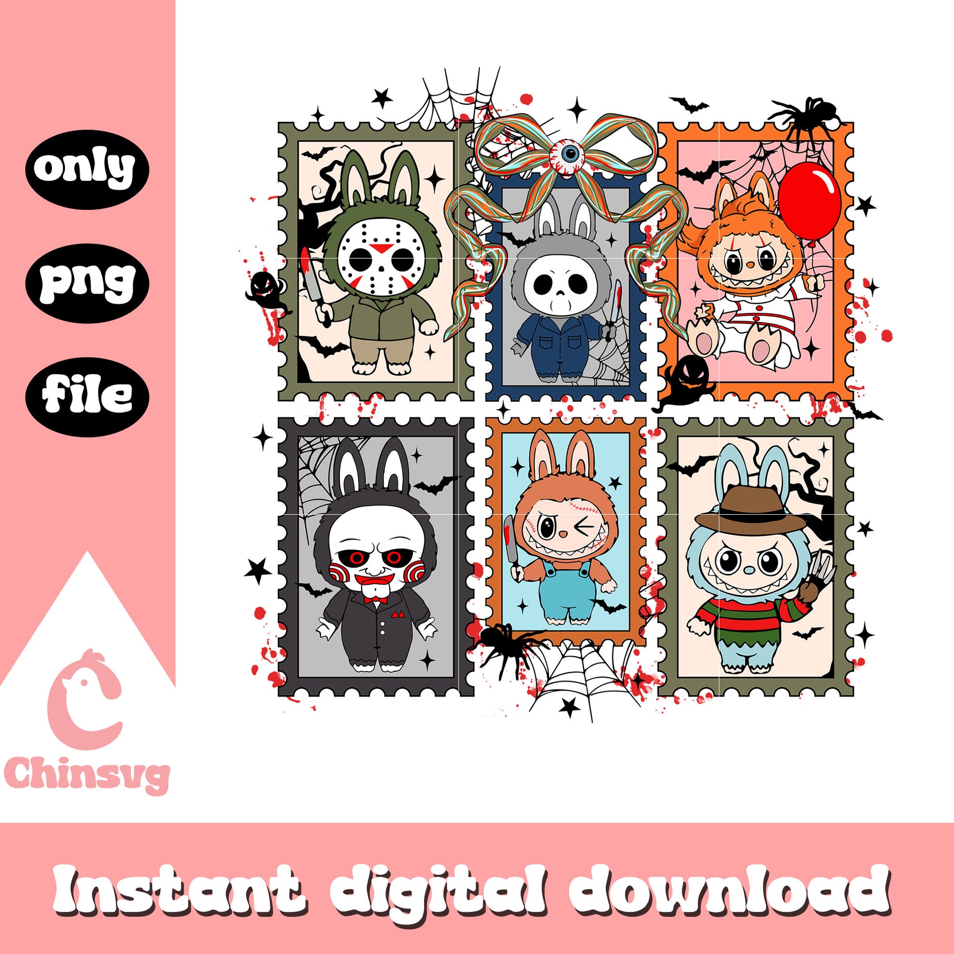 Labubu spooky killers coquette stamp design png, spooky movies png