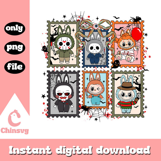 Labubu spooky killers coquette stamp design png, spooky movies png