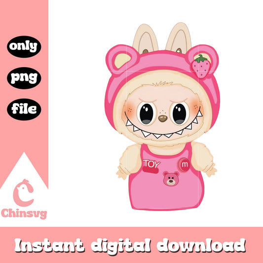 Labubu strawberry lotso bear toy design png, labubu outfits png