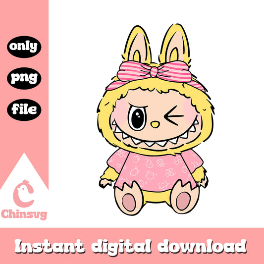 Labubu winking pink bow ver costume design png, labubu drawing png