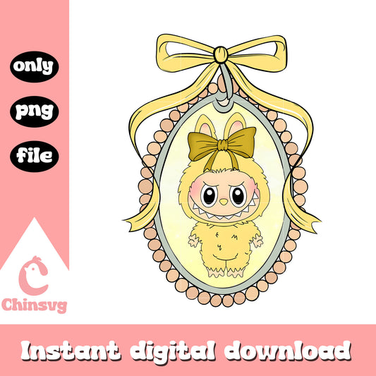 Labubu yellow bow mirror design png, labubu cartoon yellow png