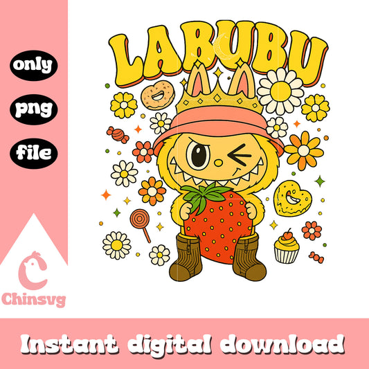 Labubu yellow hand strawberry ver drawing png, yellow labubu png