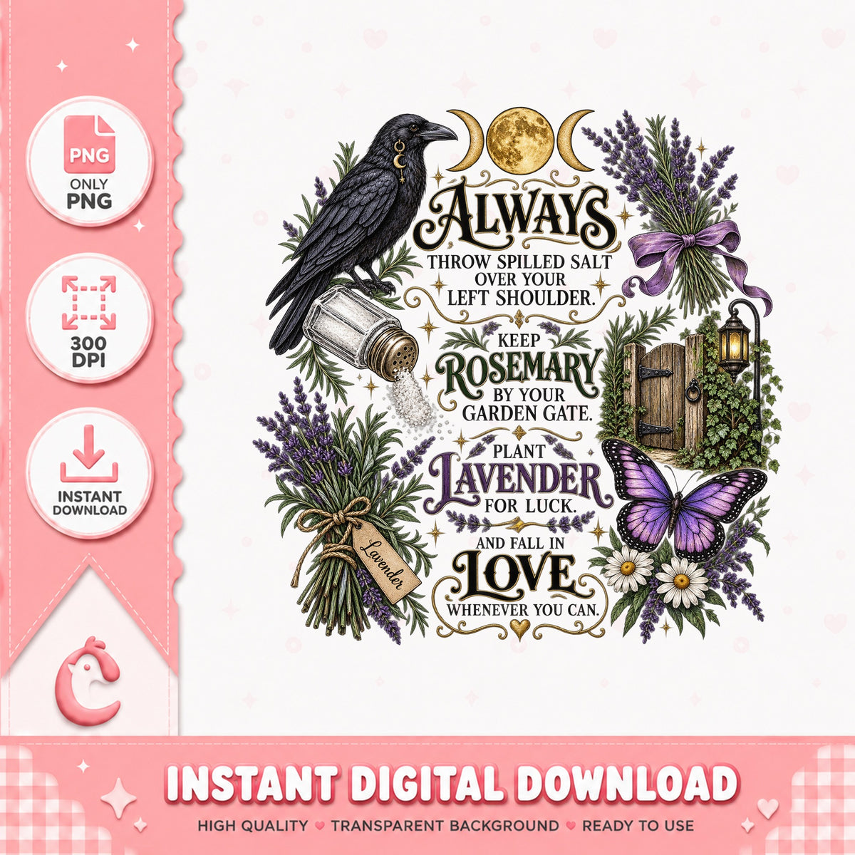 Lavender Crow Moon Phases, Witchy Herbs Garden, PNG Bundle