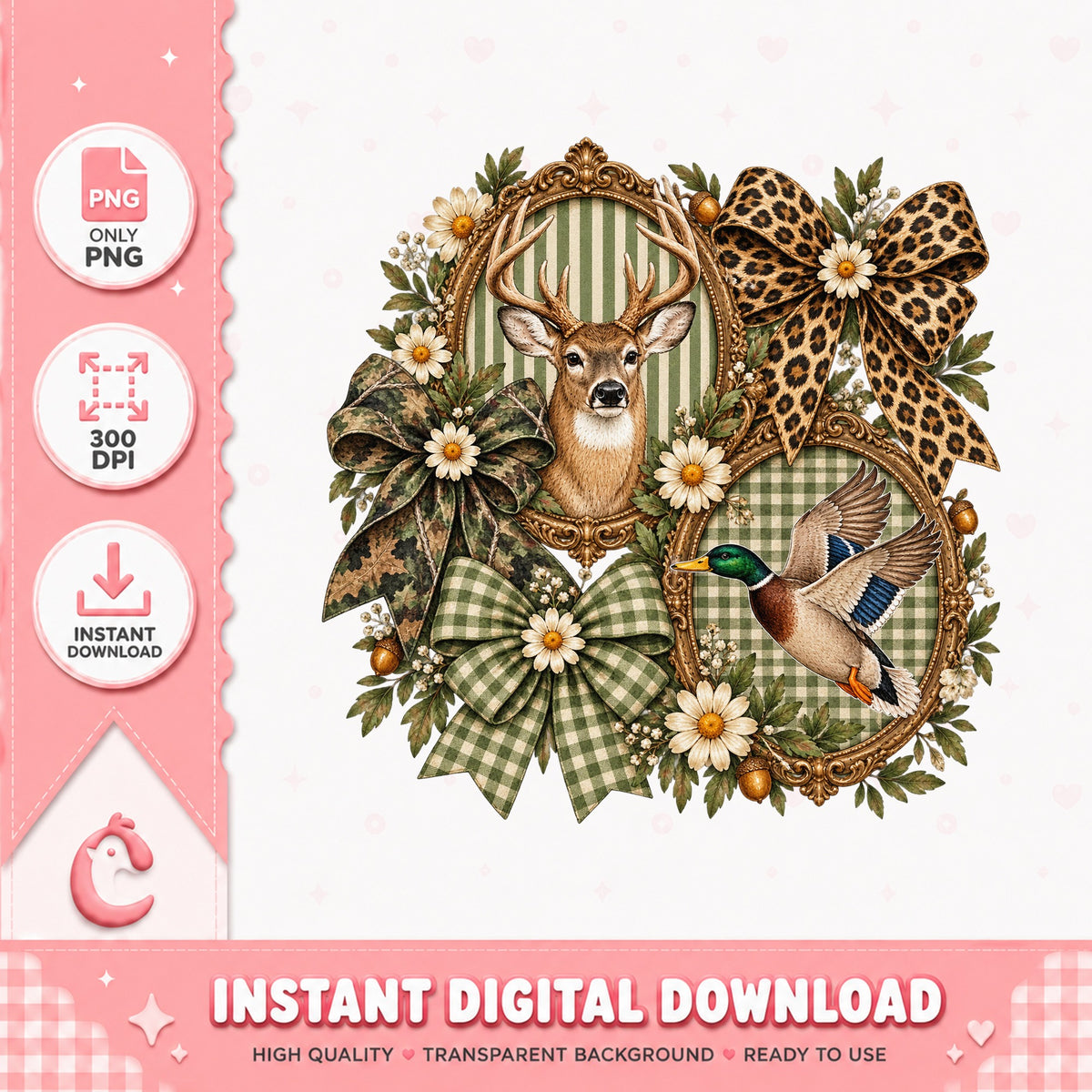 Leopard Bow Deer Duck Wreath PNG, Fall Autumn Clipart, 300 DPI PNG