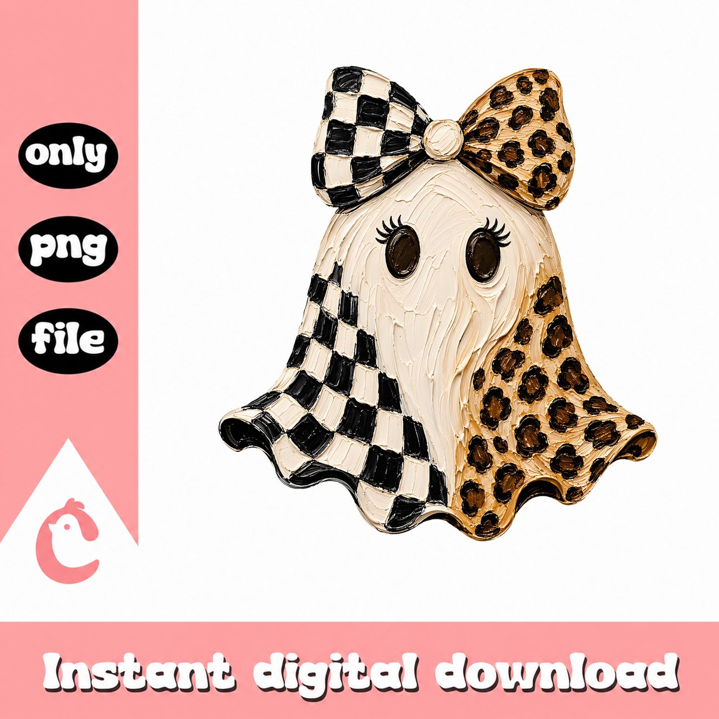 Leopard Checkered Ghost PNG, Bow Ghost Halloween PNG, Cute Ghost PNG