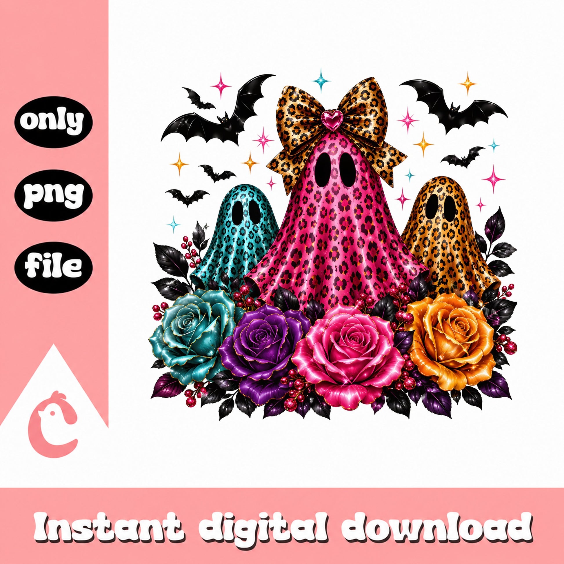 Leopard Ghost Floral Halloween PNG, Coquette Ghost PNG, Spooky PNG