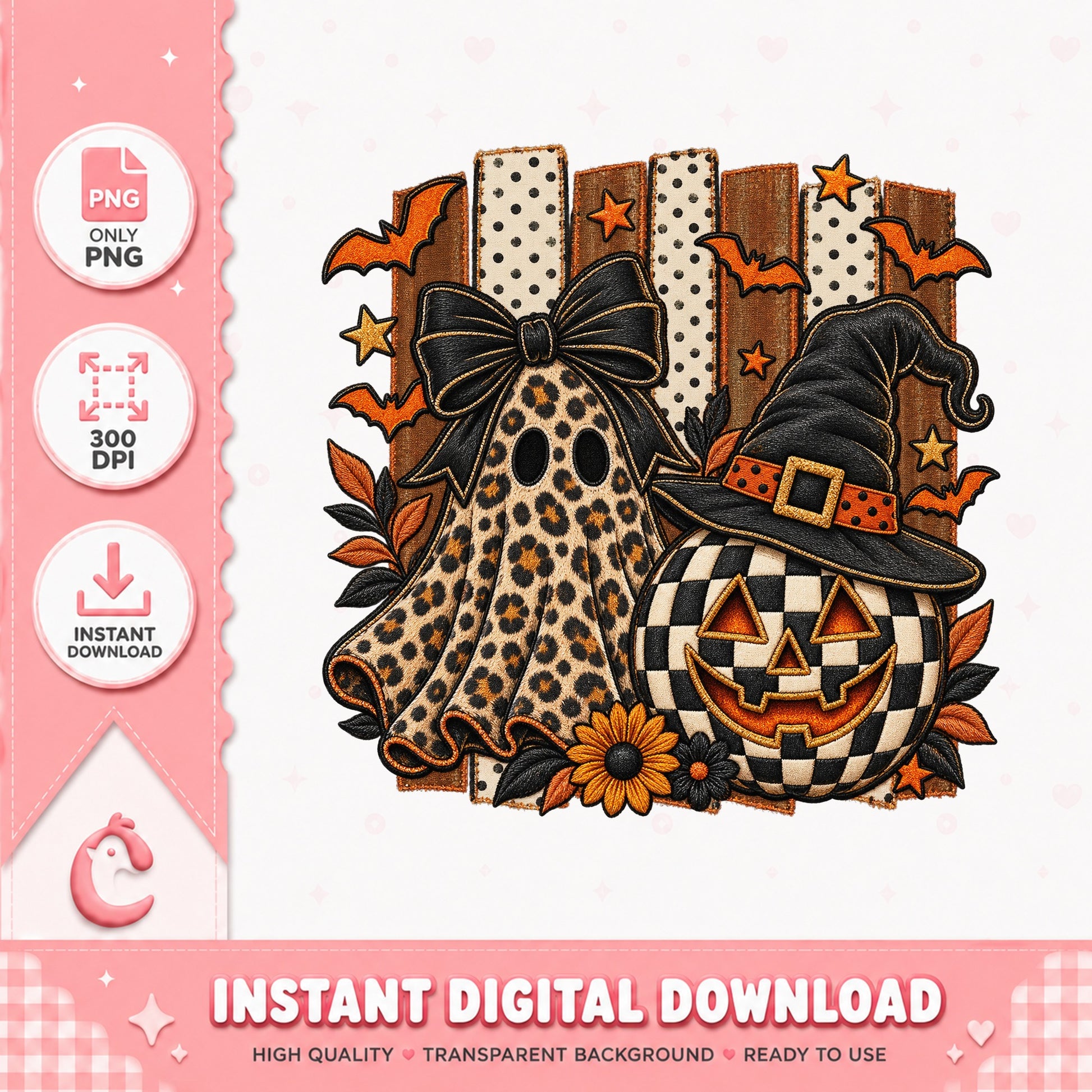 Leopard Print Halloween Pumpkin Ghost, Witch Hat Bats, PNG