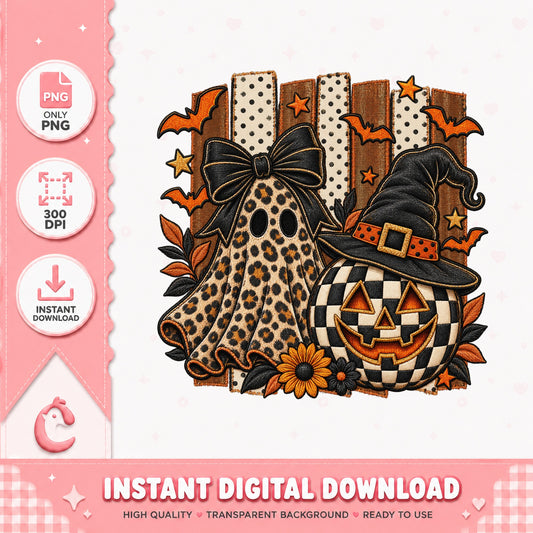 Leopard Print Halloween Pumpkin Ghost, Witch Hat Bats, PNG