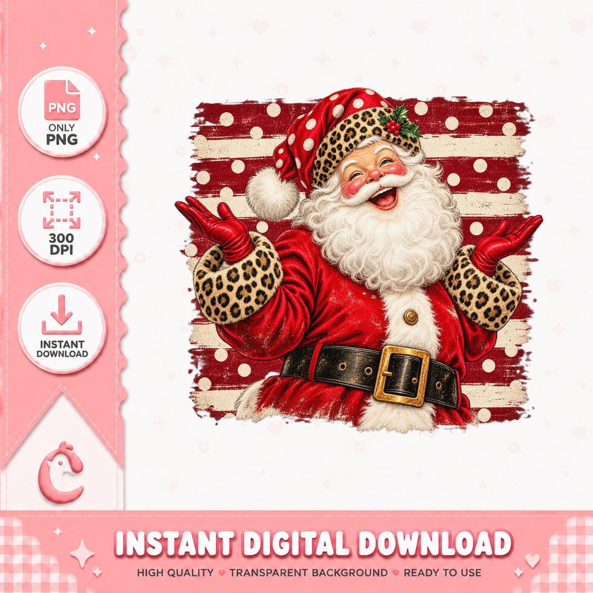 Leopard Santa Claus Christmas PNG, Retro Santa Sublimation, PNG