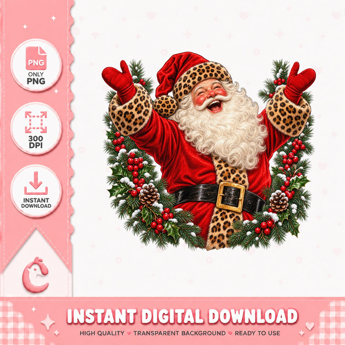 Leopard Santa Claus PNG, Christmas Wreath Design, Holiday PNG
