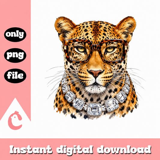 Leopard With Glasses And Diamond Necklace PNG, Cheetah PNG, Sassy Wild Cat PNG