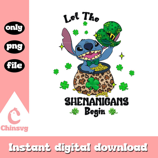 Let the shenanigans begin stitch saint patrick hat png, patrick's day png