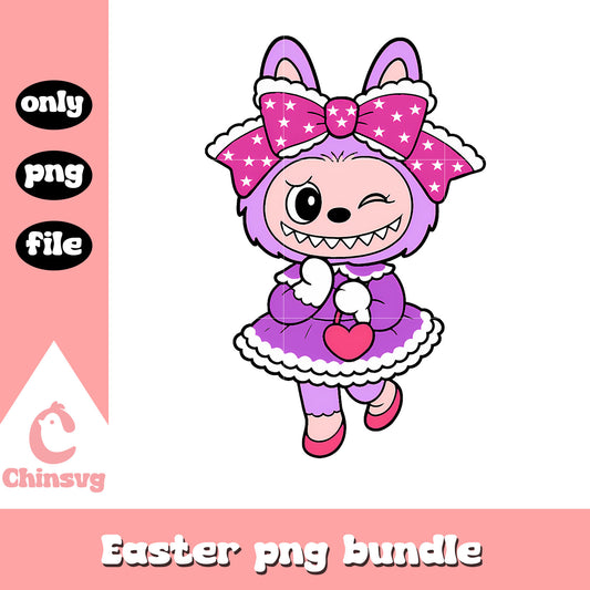 Light purple winking bow girl labubu doll png, labubu cartoon png