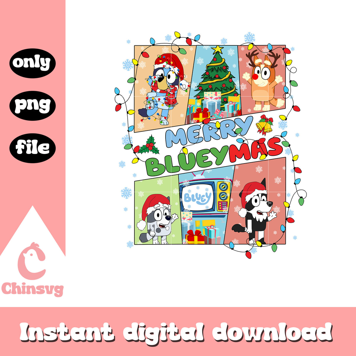 Lights merry blueymas friends design png, bluey and friends png