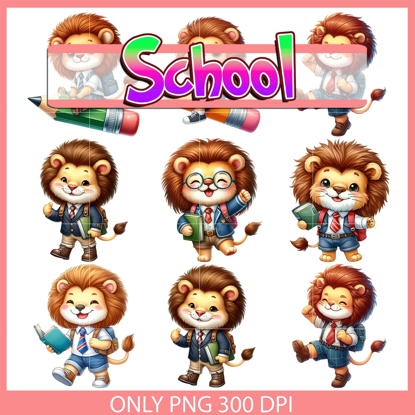 Lion back to school design bundle png, lion cartoon png