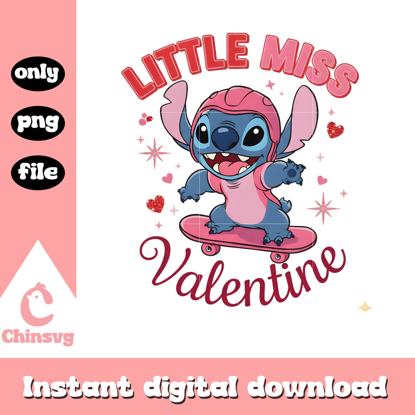 Little miss skateboard stitch png, stitch valentines day​​​​​​ png