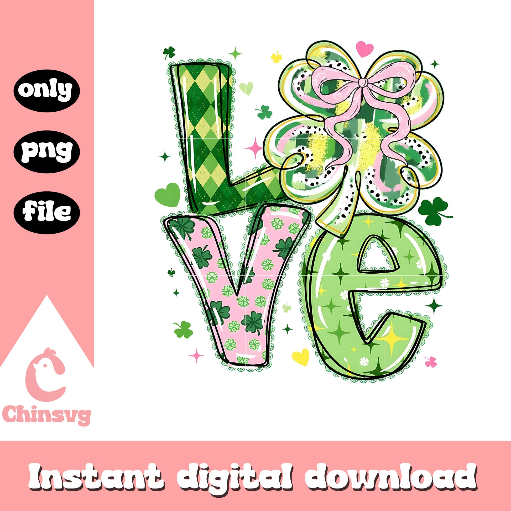 Love clover bow coquette png, st patrick day clover​ png