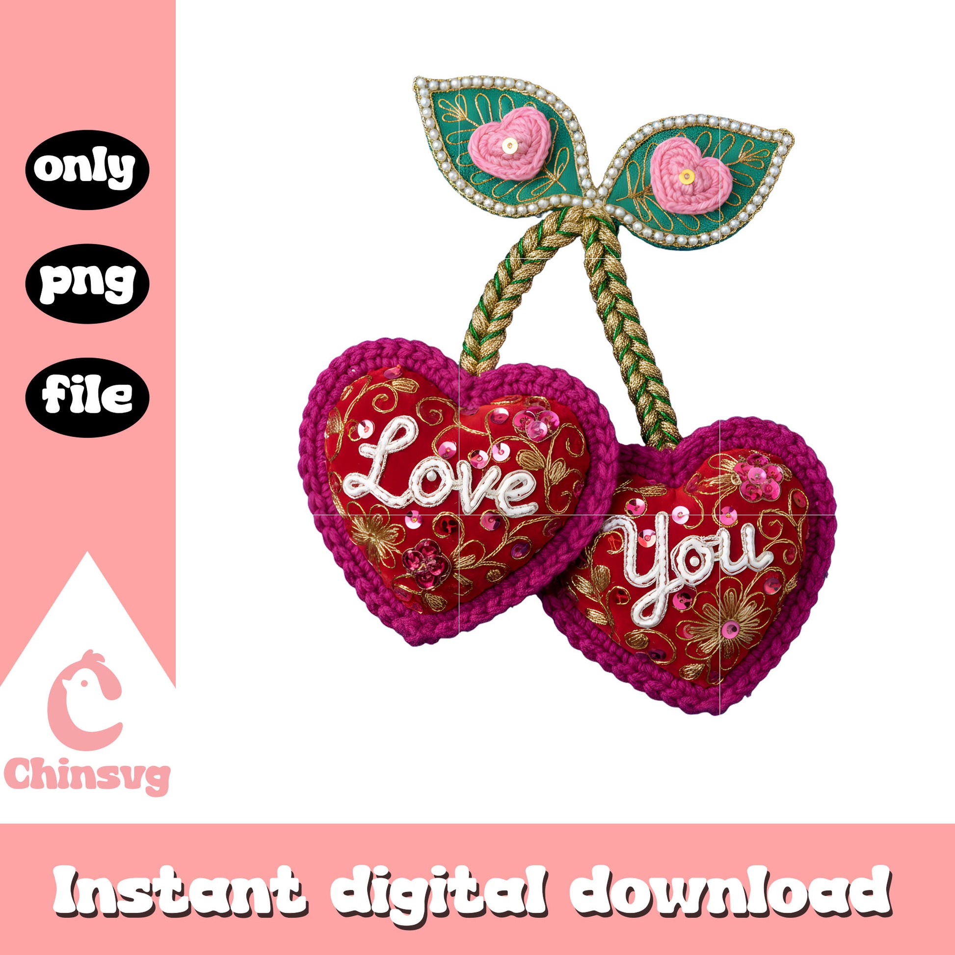 Love pink cherry crochet png, happy valentines my love​​ png