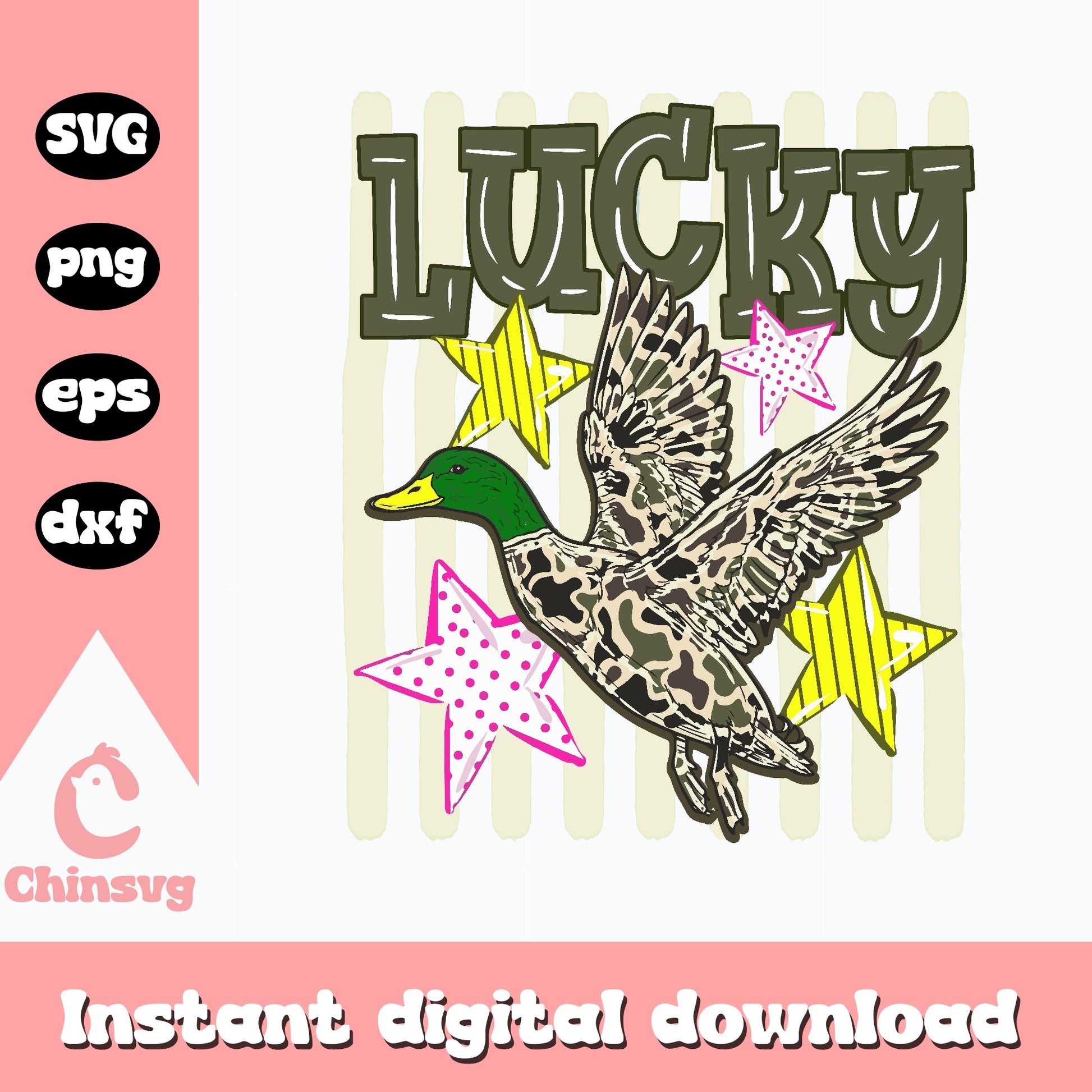 Lucky Duck PNG SVG, Retro Duck Hunting Stars, Mallard Duck SVG