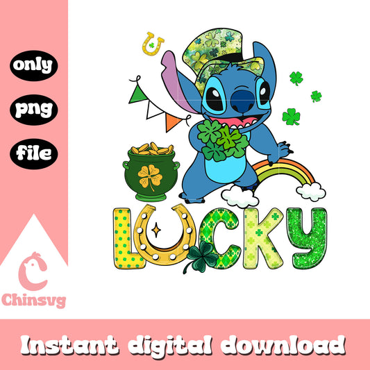Lucky cute stitch character png, happy saint patricks day png