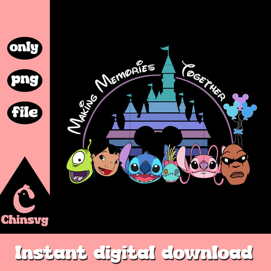 Making memories together stitch png, disney and castle​ png