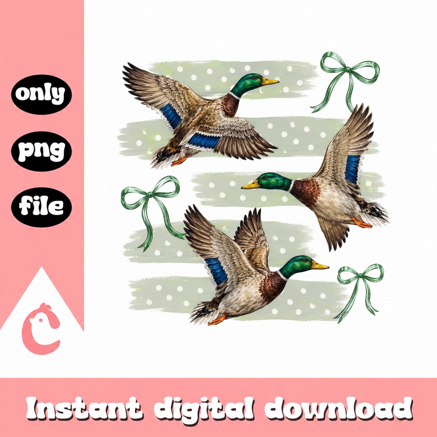 Mallard Duck Clipart Bundle, Green Ribbon Bow, PNG File