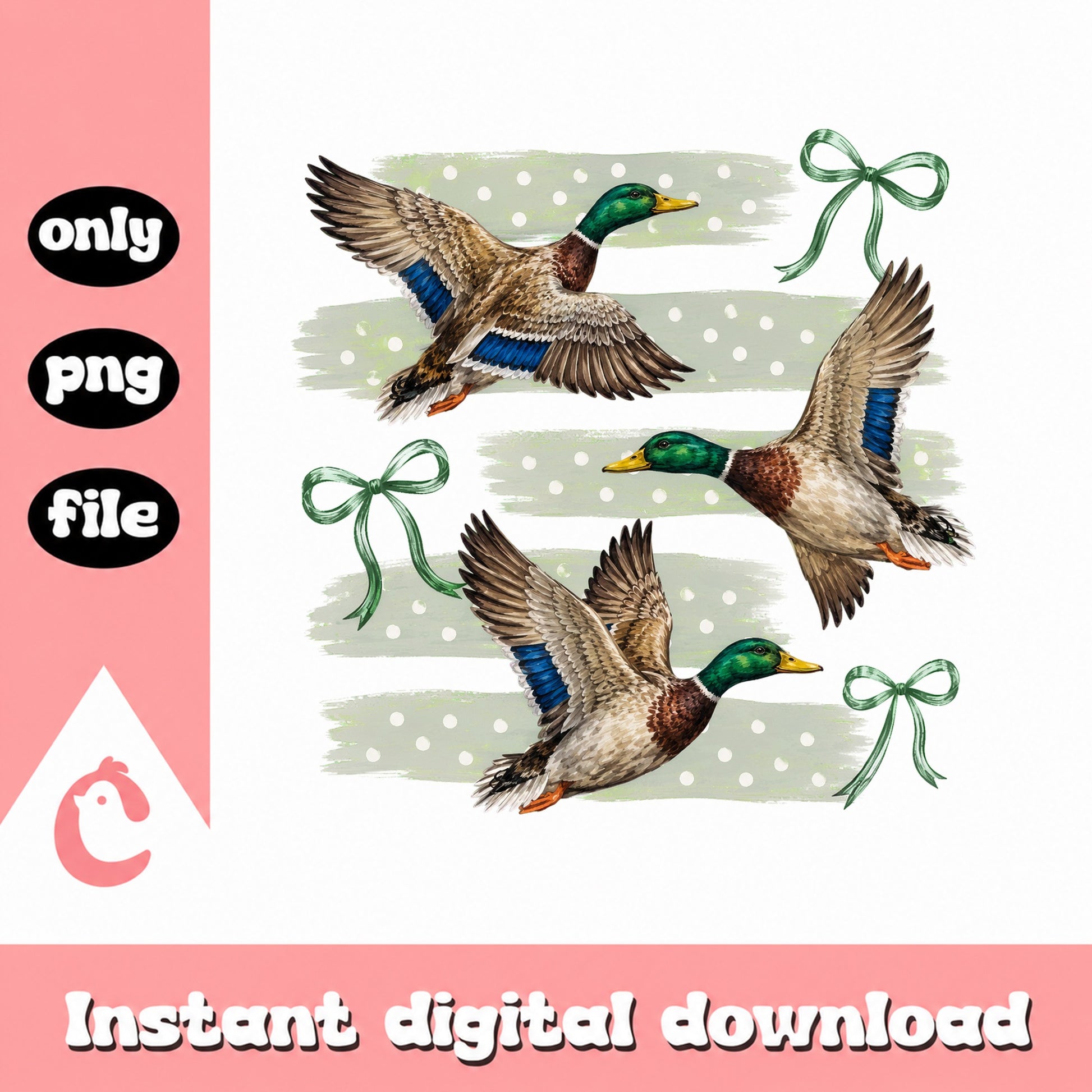 Mallard Duck Clipart Bundle, Green Ribbon Bow, PNG File