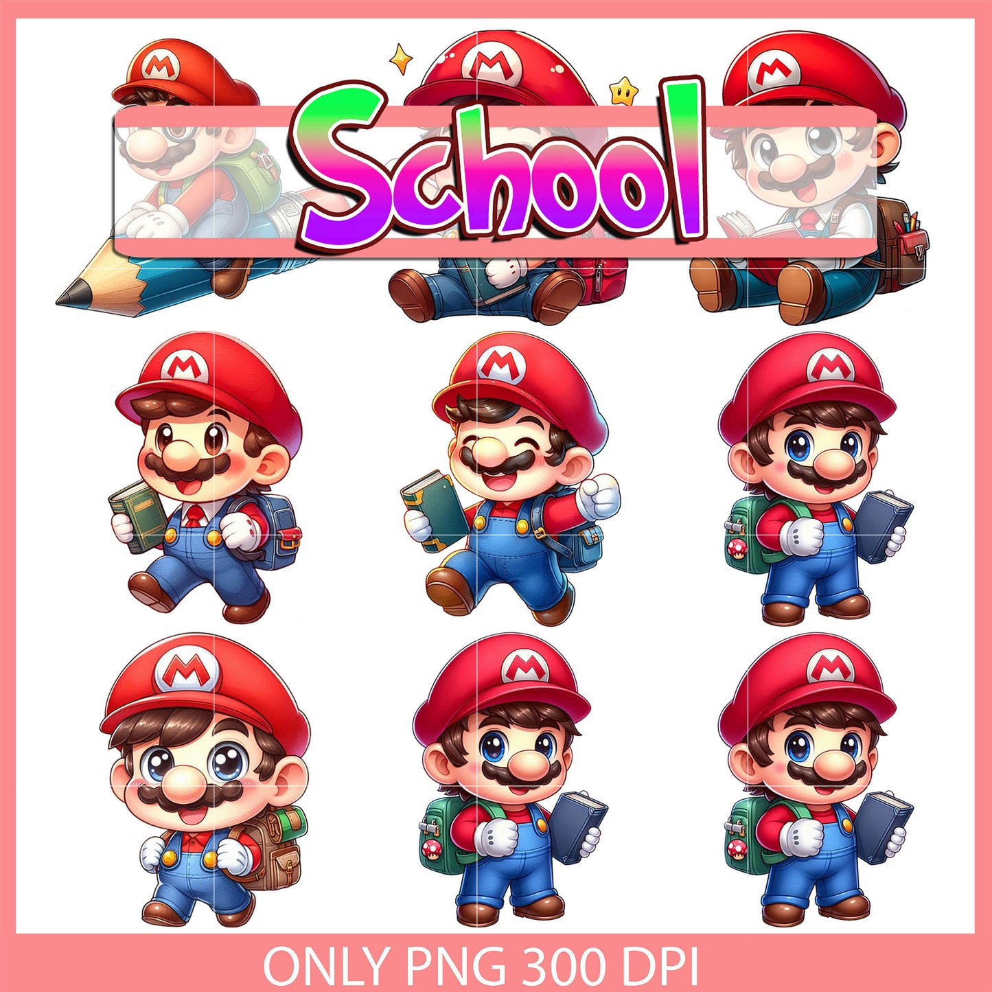 Mario character back to school design bundle png, super mario png