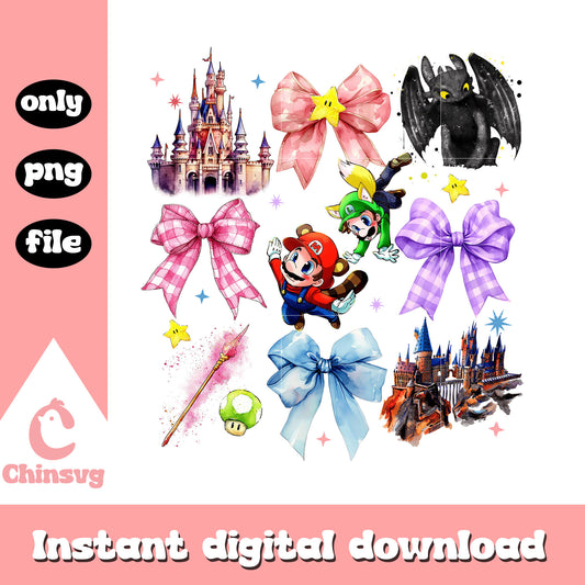 Mario toothless castle coquette bow png, universal epic universe png