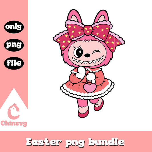 Mauvelous pink winking bow girl labubu doll png, labubu png