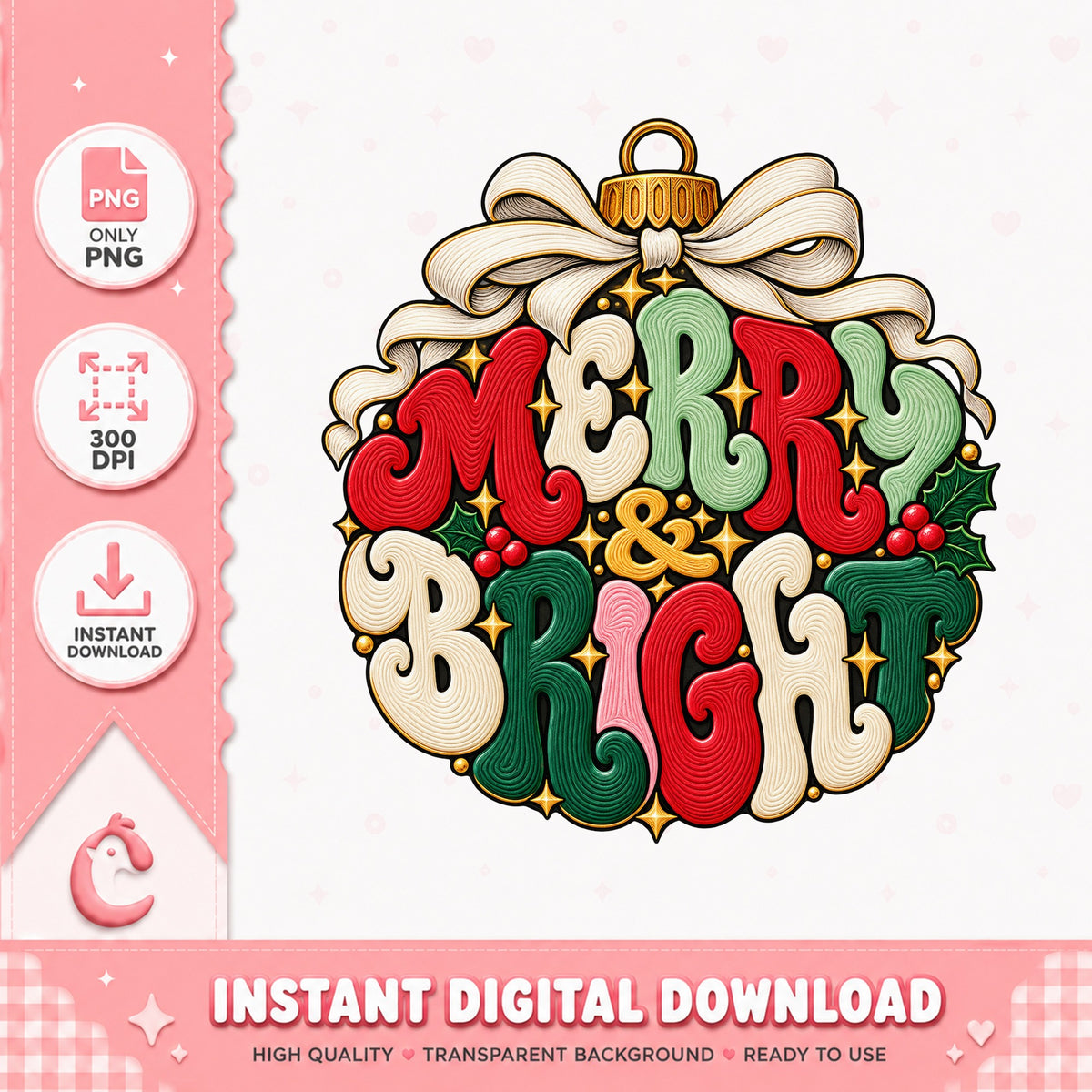 Merry And Bright Christmas Ornament PNG, Holiday Sublimation, PNG